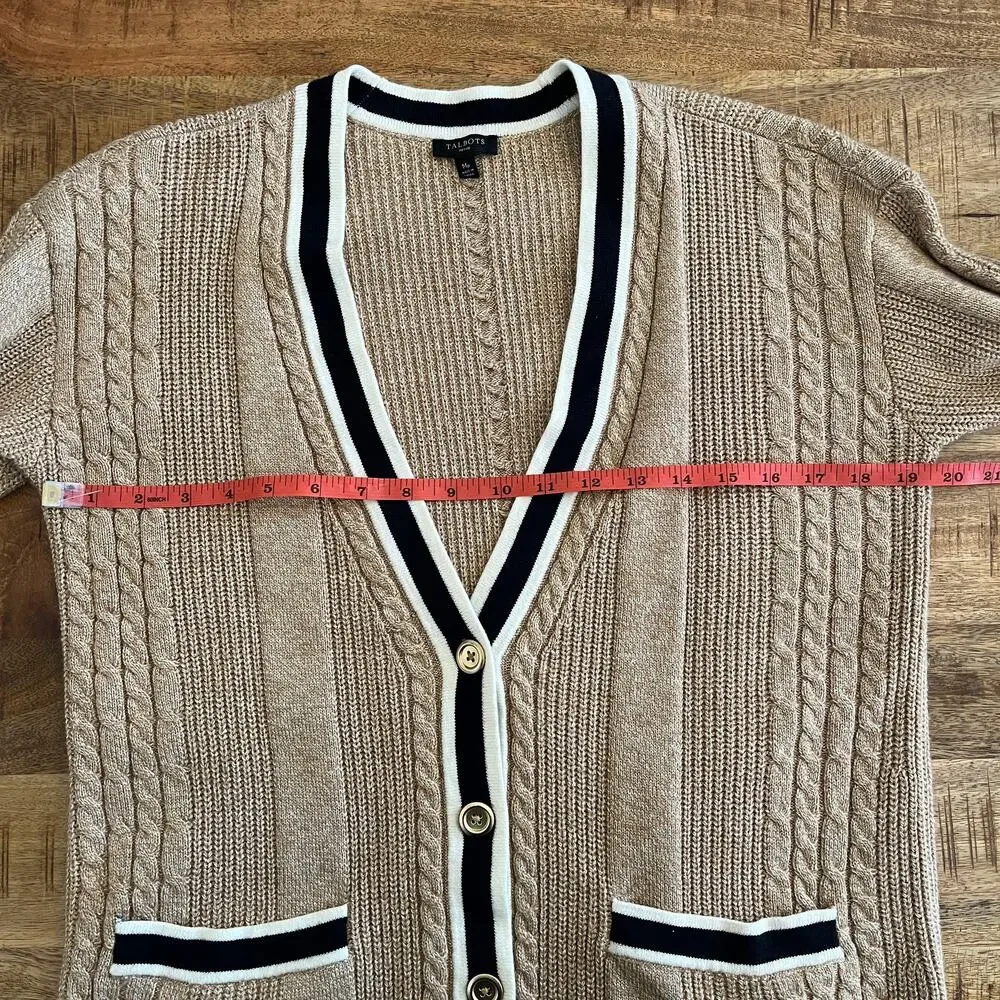 Talbots Cable Knit Cardigan‎ Old Money Womens MP Long Preppy Academia Cotton Tan